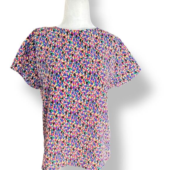 Vintage 90s Blouse Rainbow Dot Print Abstract Painterly Top Short Sleeve Medium - Picture 1 of 8